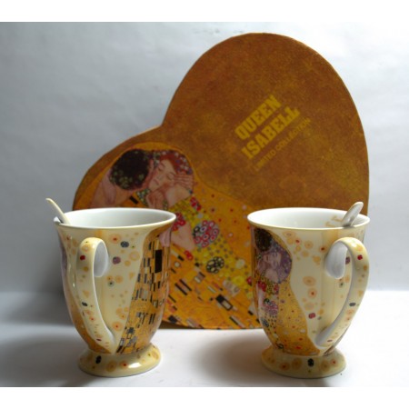 Atelier Harmony Gustav Klimt Tee Kaffeetassenset 4teilig 2Tassen 2Löffel Crema Der Kuss Porzellan mit Geschenkbox 