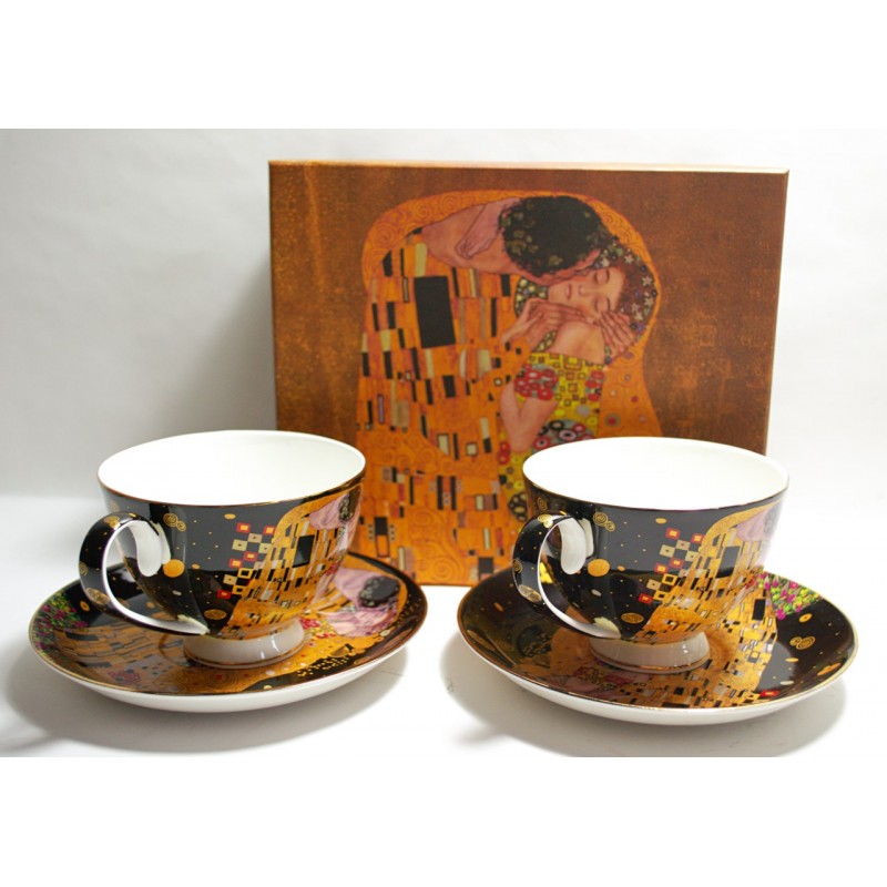 Porzellan Limited Kaffeetassenset Schwarz/Gold Klimt Tee- Der Kuss Geschenkbox Gustav Collection 4teilig T2 NEU mit