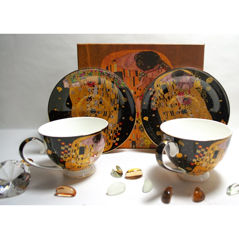Gustav Klimt Tee- Kaffeetassenset 4teilig Der Kuss T2 Porzellan mit  Geschenkbox NEU Limited Collection Schwarz/Gold