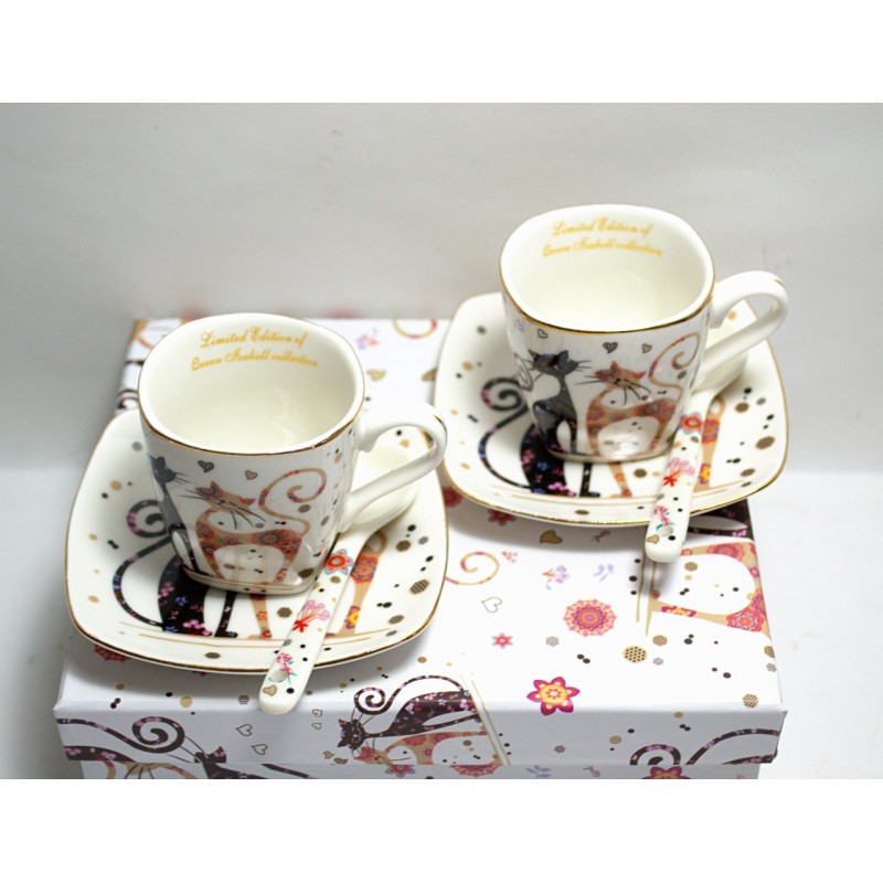 Katzen Tee Kaffeetassenset 2Tassen 2 Unterteller Happycat Porzellan mit Geschenkbox 